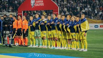 Drużyna piłkarska w żółto-niebieskich strojach stoi w szeregu na boisku, przed łukiem z napisem "EUROPEAN QUALIFIERS". W tle trybuny wypełnione kibicami.