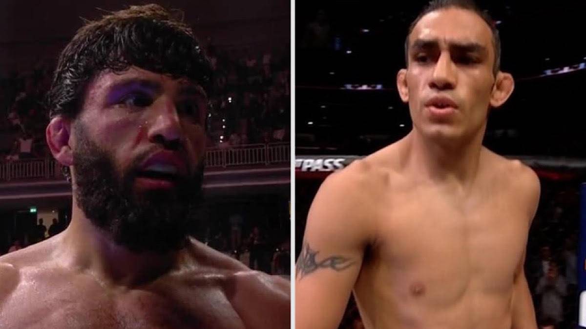 Dwóch zawodników MMA, po lewej Arman Tsarukyan z brodą, po prawej Tony Ferguson.