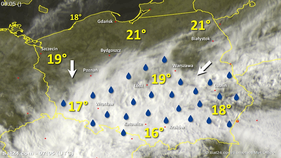 Zdjęcie satelitarne Polski w dniu 28 czerwca 2018 o godzinie 9:05. Dane: Sat24.com / Eumetsat.