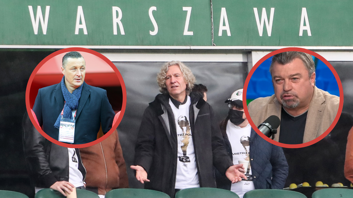 Portrety trzech mężczyzn nałożone na zdjęcie stadionu piłkarskiego z napisem "WARSZAWA". Po lewej Dariusz Mioduski w garniturze i szaliku, w środku mężczyzna w czarnej kurtce i białej koszulce z nadrukiem, po prawej Roman Kosecki w marynarce.
