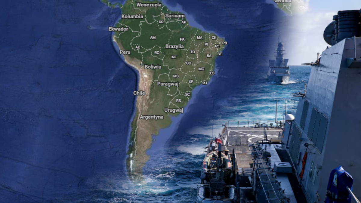 Grafika przedstawiająca mapę Ameryki Południowej połączoną z obrazem okrętu wojennego na morzu.