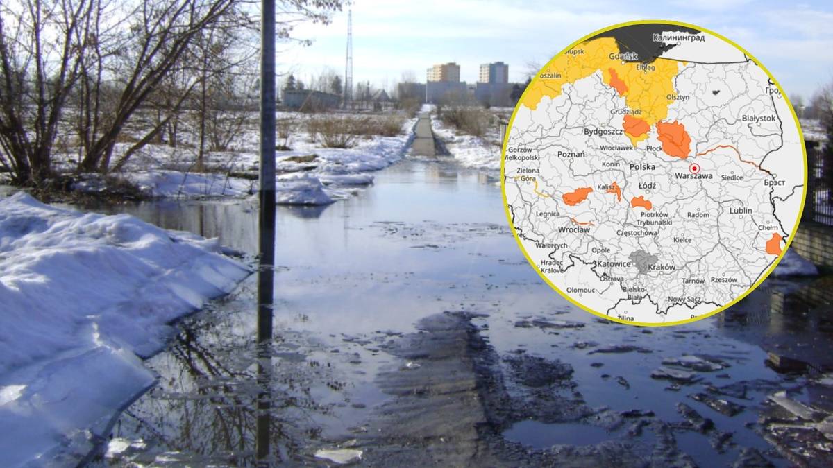 Mapa Polski z zaznaczonymi obszarami objętymi ostrzeżeniami hydrologicznymi.