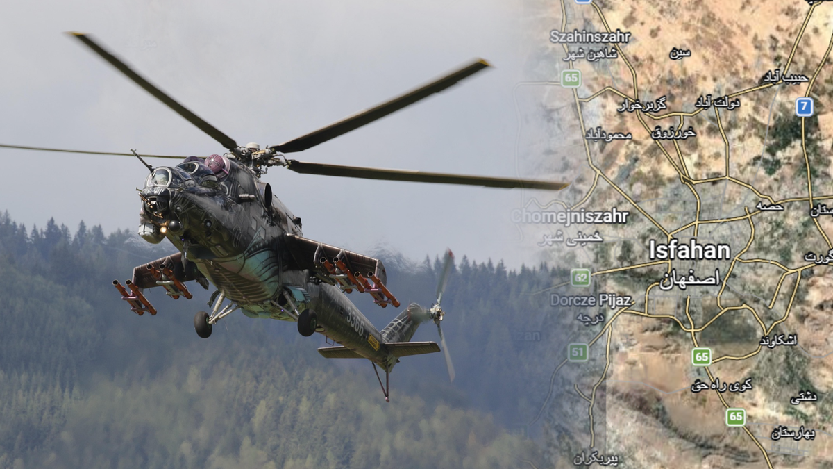 Śmigłowiec wojskowy w locie z rakietami na zaczepach, na tle mapy Iranu z zaznaczonym miastem Isfahan.