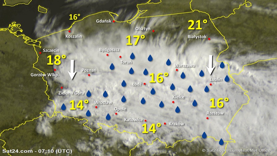 Zdjęcie satelitarne Polski w dniu 24 czerwca 2020 o godzinie 9:10. Dane: Sat24.com / Eumetsat.