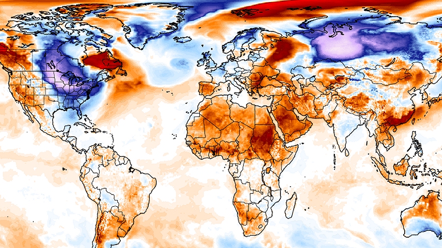 Anomalie temperatury powietrza na świecie w dniu 31 stycznia 2019 roku. Ciepłe kolory - temperatura powyżej normy, zimne kolory - temperatura poniżej normy wieloletniej. Fot. ClimateReanalyzer.org