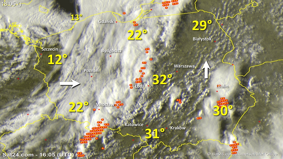 Zdjęcie satelitarne Polski w dniu 21 czerwca 2018 o godzinie 18:05. Dane: Sat24.com / Eumetsat.