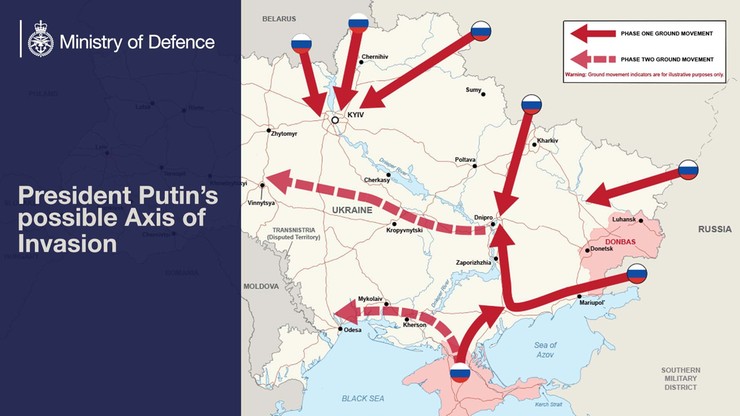 Rosja-Ukraina. Brytyjskie ministerstwo obrony pokazało mapę możliwego ataku