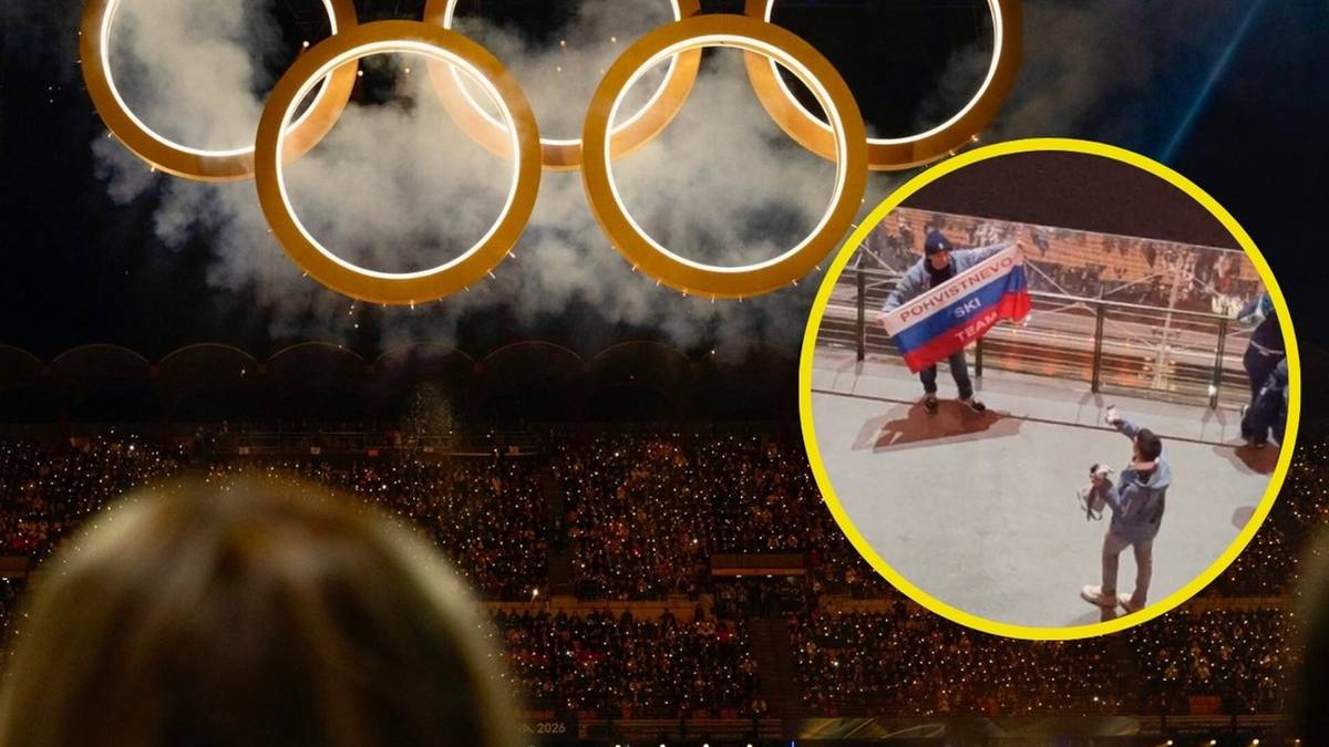 Fragment ceremonii otwarcia igrzysk olimpijskich z pierścieniami olimpijskimi; w kole zdjęcie osoby trzymającej rosyjską flagę.