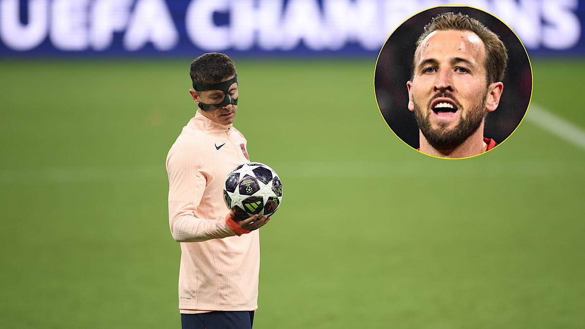 Piłkarz w jasnor&oacute;żowej koszulce z maską na twarzy trzymający piłkę, obok zdjęcie Harry'ego Kane'a.