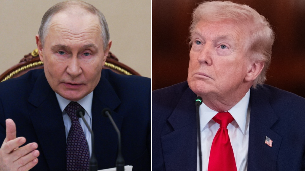 Zdjęcie przedstawia kolaż dw&oacute;ch polityk&oacute;w: Władimira Putina po lewej stronie i Donalda Trumpa po prawej stronie.