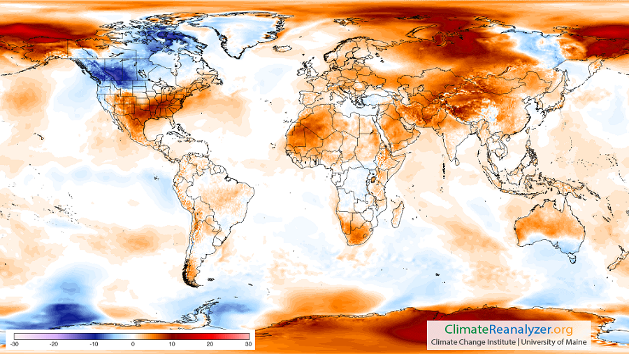 Anomalie temperatury na świecie w ciągu najbliższych 5 dni. Dane: ClimateReanalyzer.org