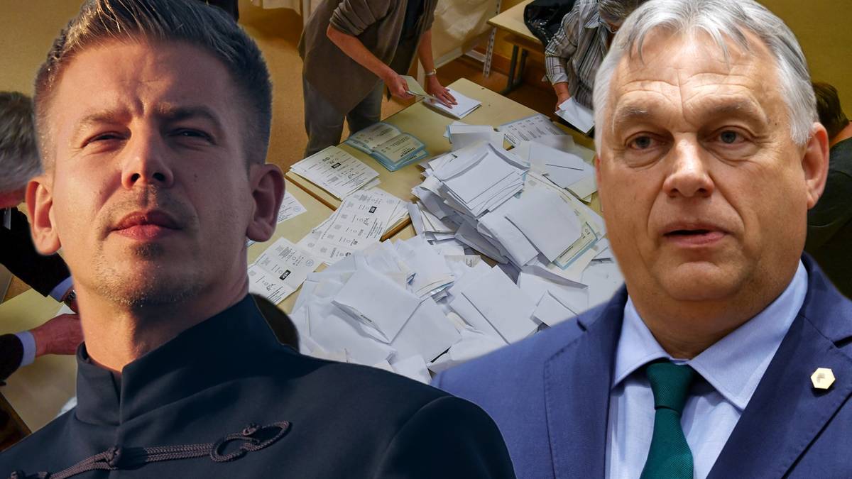 Dwie twarze polityk&oacute;w na pierwszym planie, w tle zamazane zdjęcie os&oacute;b przy urnie wyborczej.