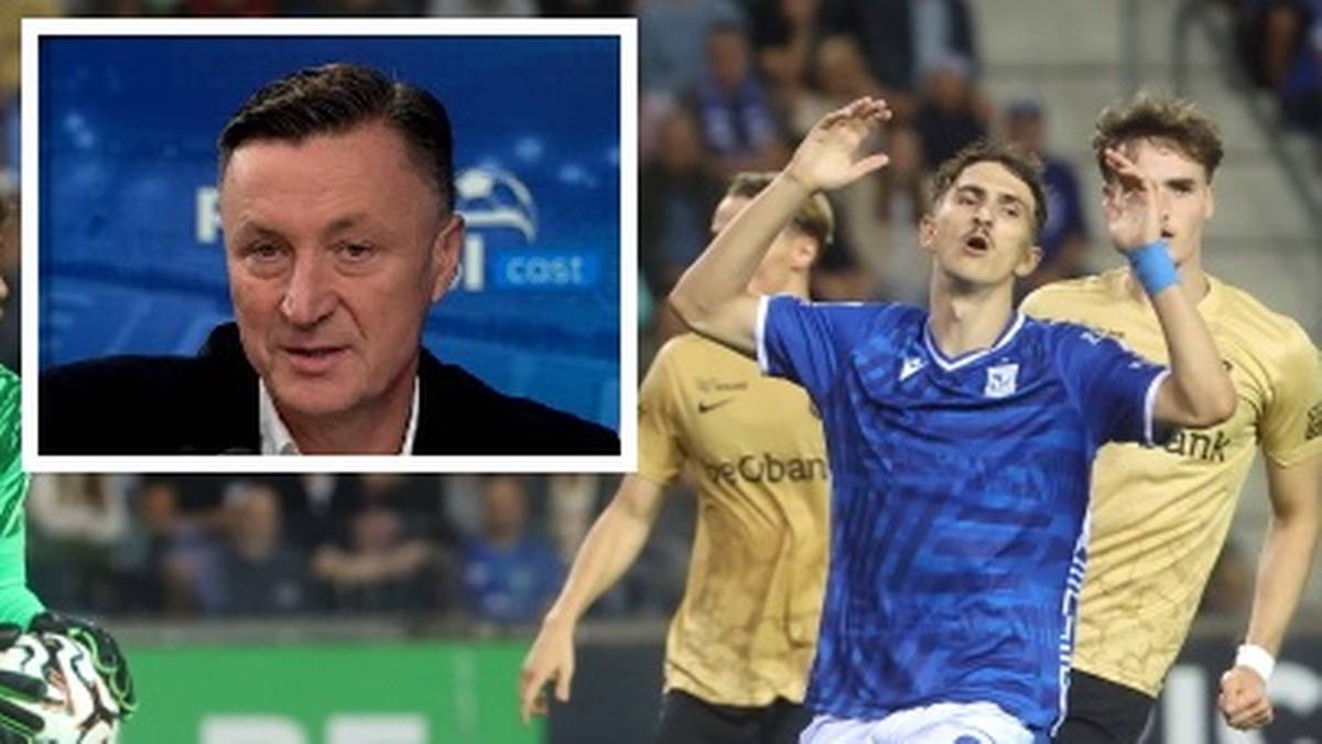 Fragment kolażu przedstawiający Tomasza Hajto mówiącego coś do kamery oraz trzech piłkarzy w niebieskich i żółtych strojach na boisku.