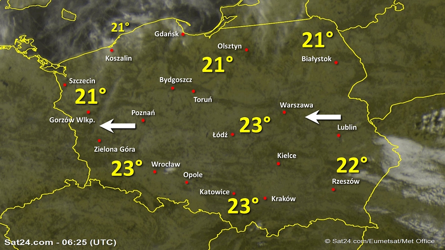 Zdjęcie satelitarne Polski w dniu 25 czerwca 2019 o godzinie 8:25. Dane: Sat24.com / Eumetsat.