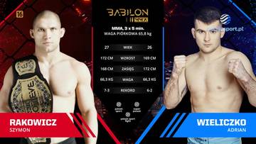 Szymon Rakowicz z pasem mistrzowskim po lewej stronie, Adrian Wieliczko po prawej, pośrodku tablica informacyjna o walce MMA.