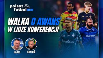 Grafika promocyjna "Polsat Futbol Cast. Walka o awans w Lidze Konferencji" z wizerunkami piłkarzy oraz komentatorów.