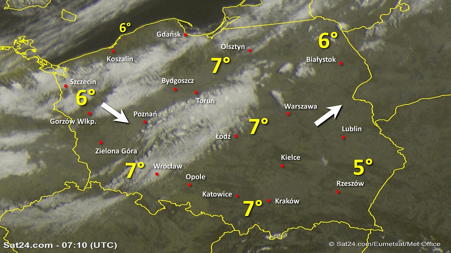 Zdjęcie satelitarne Polski w dniu 31 marca 2019 o godzinie 9:10. Dane: Sat24.com / Eumetsat.