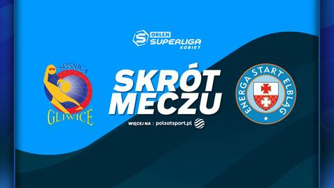 Grafika promująca skr&oacute;t meczu koszyk&oacute;wki kobiet pomiędzy Sośnicą Gliwice a Energą Start Elbląg, z widocznymi logotypami obu drużyn i napisem "SKR&Oacute;T MECZU".