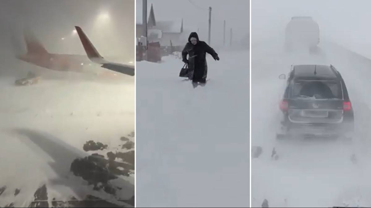 Trzy obrazy pokazujące skutki śnieżycy: samolot na lotnisku w warunkach słabej widoczności, osoba idąca przez zaspy śnieżne, zakorkowana droga w śnieżycy.