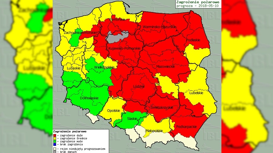 Aktualne zagrożenie pożarowe w lasach. Obszary czerwone - zagrożenie duże, obszary żółte - zagrożenie umiarkowane, obszary zielone - zagrożenie małe, obszary białe i szare - brak prognozy. Fot. Lasy Państwowe.