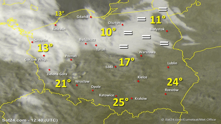 Zdjęcie satelitarne Polski w dniu 24 października 2019 o godzinie 14:40. Dane: Sat24.com / Eumetsat.