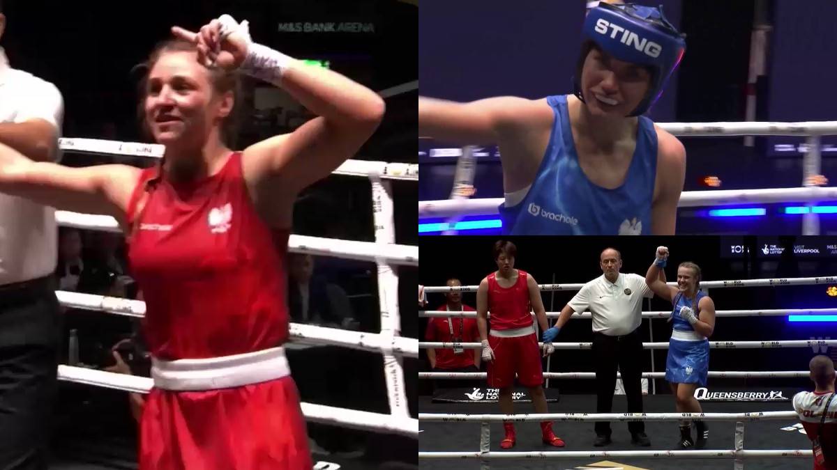 Fragmenty nagrań z meczów bokserskich. Na pierwszym planie Polka w czerwonym stroju bokserskim unosi rękę w geście zwycięstwa.