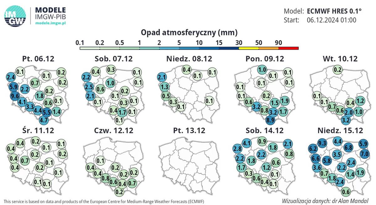 Suma opadów atmosferycznych. Prognoza na 10 dni. Źródło:IMGW