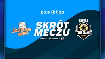 Logo Jastrzębski Węgiel, napis SKR&Oacute;T MECZU, logo Energa Trefl Gdańsk oraz logo Plus Liga.