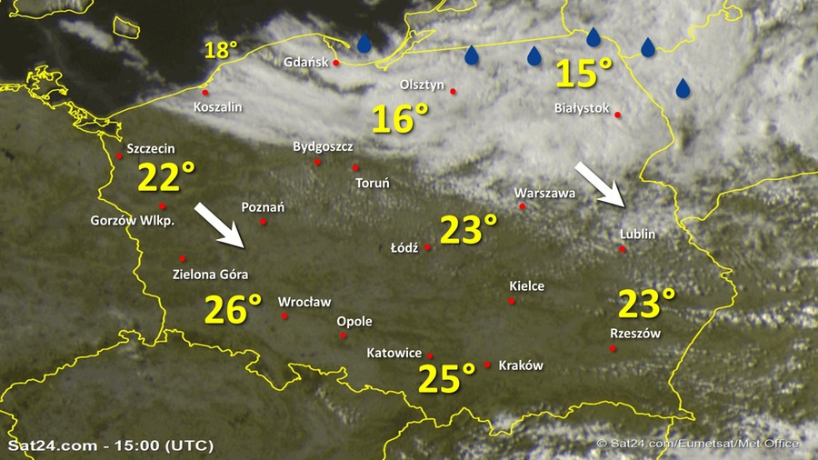 Zdjęcie satelitarne Polski w dniu 31 lipca 2020 o godzinie 17:00. Dane: Sat24.com / Eumetsat.