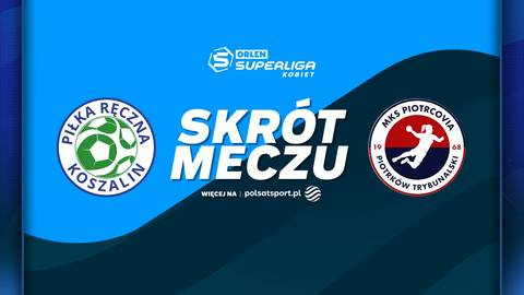 Herb Piłki Ręcznej Koszalin obok napisu "SKR&Oacute;T MECZU", a po drugiej stronie herb Piotrcovii Piotrk&oacute;w Trybunalski.