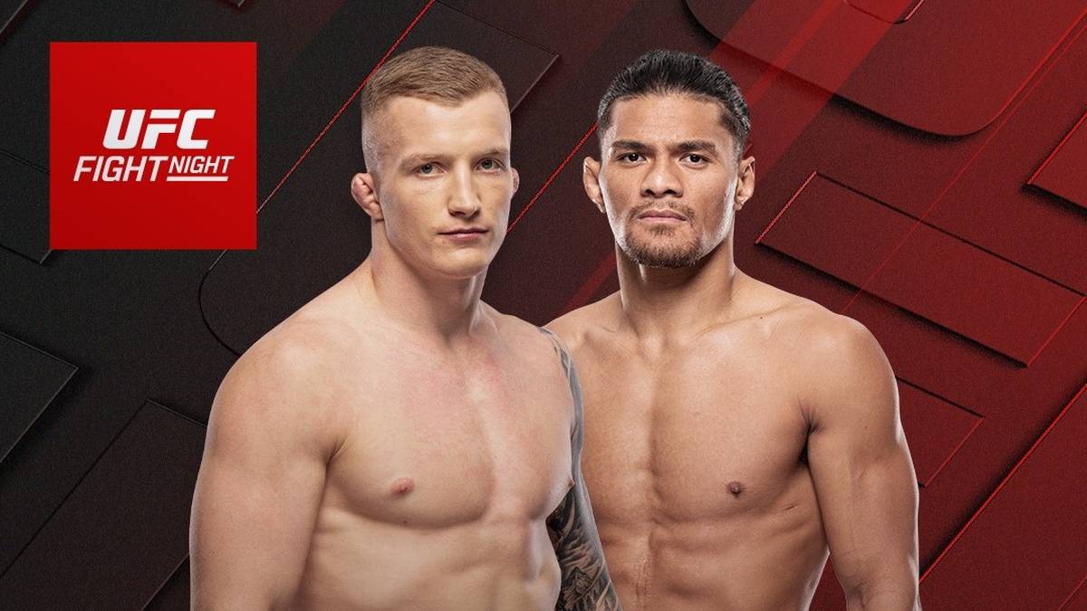 Dw&oacute;ch zawodnik&oacute;w MMA, Iwo Baraniewski i Billy Elekana, stoją obok siebie na grafice promocyjnej gali UFC Fight Night z datą 6 czerwca.