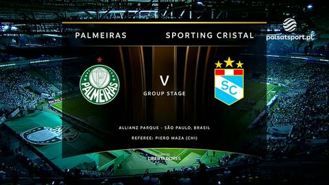 Wynik meczu piłki nożnej Palmeiras - Sporting Cristal. Na ekranie widnieją loga obu drużyn oraz nazwy "PALMEIRAS" i "SPORTING CRISTAL". Poniżej znajduje się informacja "GROUP STAGE" oraz "ALLIANZ PARQUE - SAO PAULO, BRASIL".