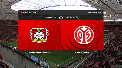 Wynik meczu piłki nożnej Bayer Leverkusen - 1. FSV Mainz 05, z widocznymi herbami drużyn i informacją o rozgrywkach Bundesliga.