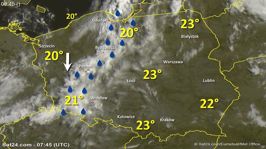 Zdjęcie satelitarne Polski w dniu 18 sierpnia 2018 o godzinie 9:45. Dane: Sat24.com / Eumetsat.