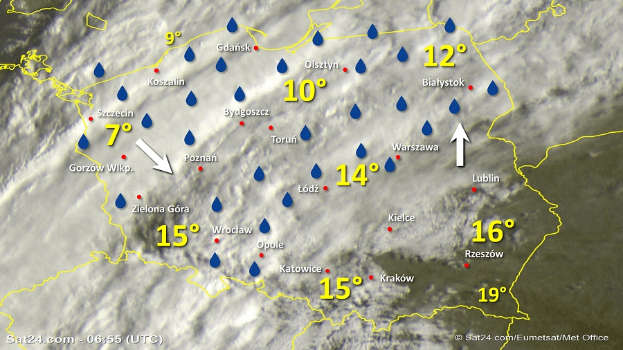 Zdjęcie satelitarne Polski w dniu 2 października 2019 o godzinie 8:55. Dane: Sat24.com / Eumetsat.