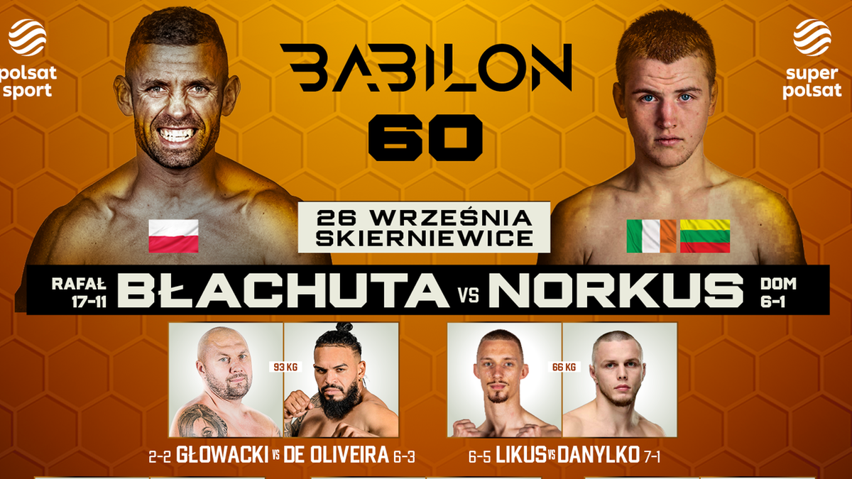 Grafika zapowiadająca galę sportów walki Babilon 60. Na górze widnieją twarze Ra