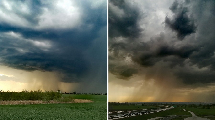 Chmury burzowe ze smugami opadowymi w Malborku (po lewej) i Bogaczewie (po prawej). Fot. Info Meteo Elbląg.