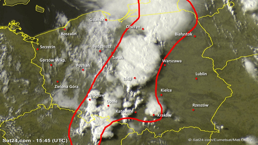 Zdjęcie satelitarne Polski w dniu 13 czerwca 2019 o godzinie 17:45. Dane: Sat24.com / Eumetsat.