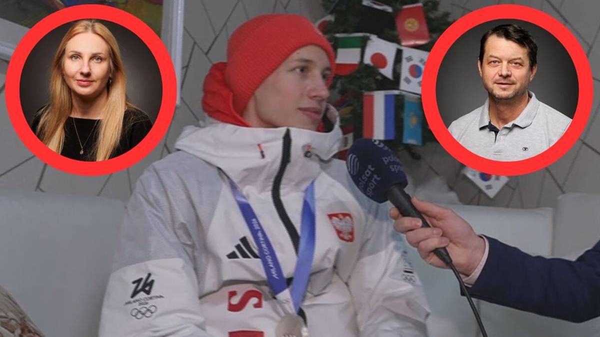 Zdjęcie przedstawia Kacpra Tomasiaka udzielającego wywiadu, z portretami Kingi i Wojciecha Tomasiak&oacute;w umieszczonymi w okręgach.