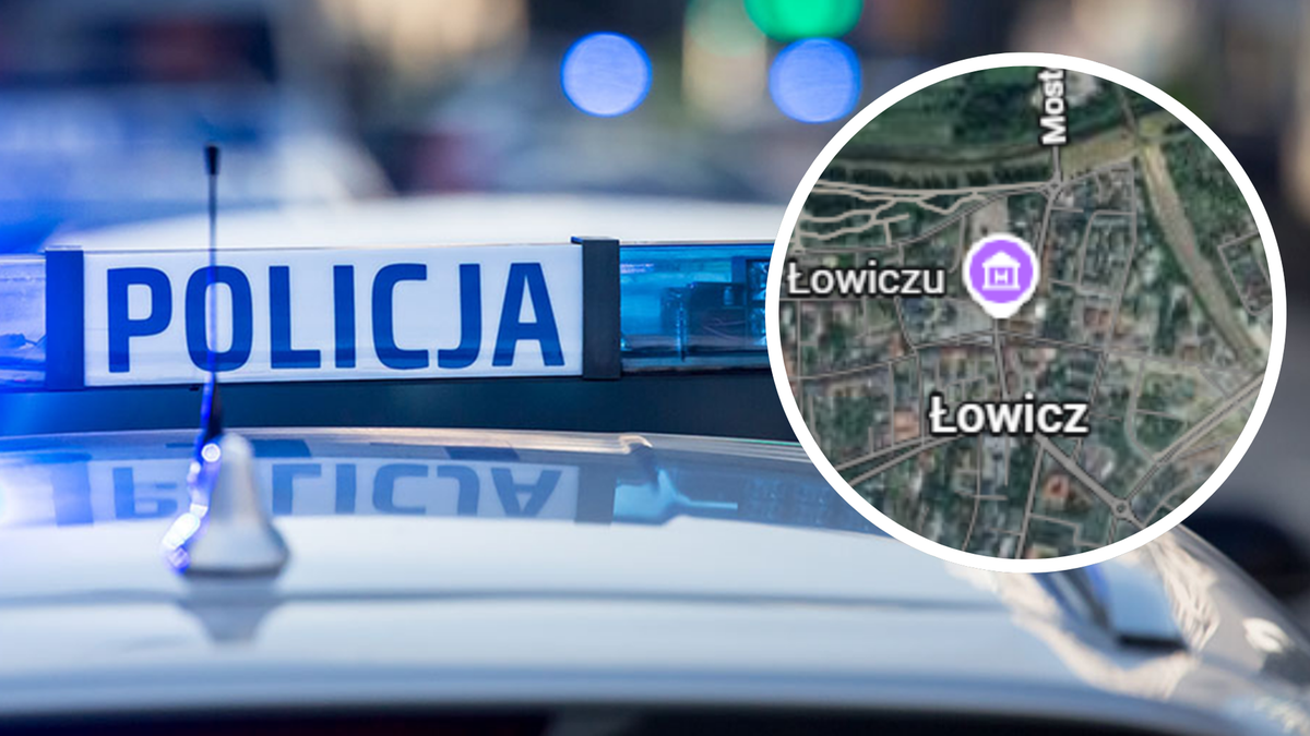 Fragment policyjnego pojazdu z zapalonymi niebieskimi światłami i napisami "POLICJA", obok koło mapy z zaznaczonym miastem Łowicz.