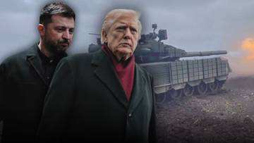 Dwóch mężczyzn w ciemnych ubraniach stoi przed czołgiem na tle pola bitwy z dymem w tle.