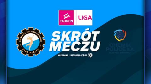 Logo ITA TOOLS Stal Mielec, napis SKR&Oacute;T MECZU, logo LOTTO Chemik Police oraz logo Tauron Liga.