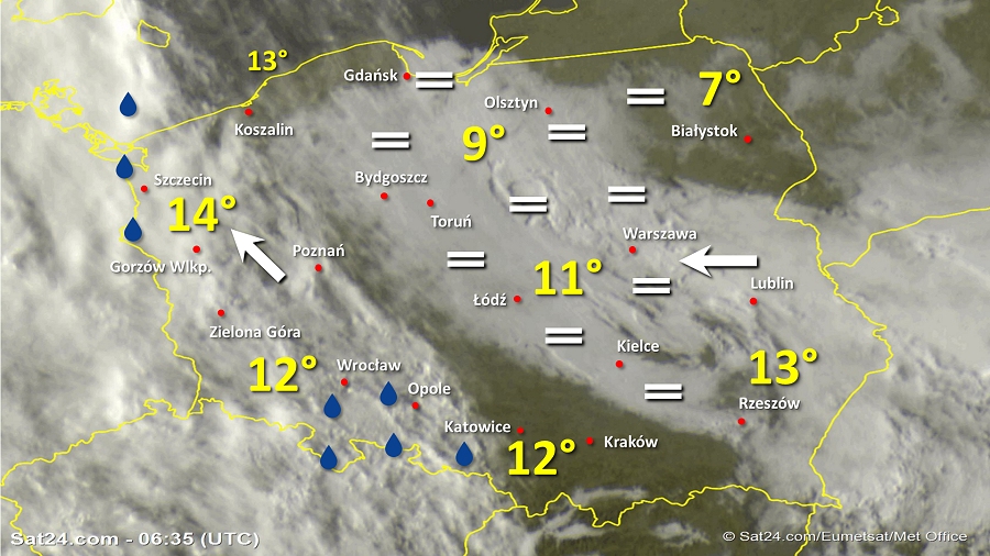 Zdjęcie satelitarne Polski w dniu 27 września 2019 o godzinie 8:35. Dane: Sat24.com / Eumetsat.