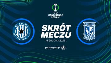 Logotypy klubów SK Sigma Ołomuniec i KKS Lech Poznań po obu stronach napisu "SKRÓT MECZU". Nad napisem znajduje się logo "Conference League". Poniżej widnieje data "18 GRUDNIA 2025" oraz "polsatsport.pl".