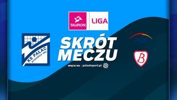 Grafika z logo Tauron Ligi, herbem KS Pałac Bydgoszcz oraz napisem "Skrót meczu", zapowiadająca mecz siatkówki.