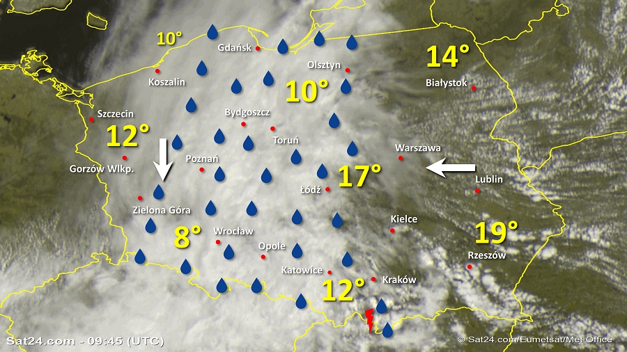 Zdjęcie satelitarne Polski w dniu 12 maja 2019 o godzinie 11:45. Dane: Sat24.com / Eumetsat.