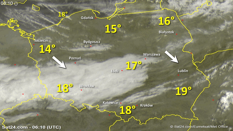 Zdjęcie satelitarne Polski w dniu 21 sierpnia 2018 o godzinie 8:10. Dane: Sat24.com / Eumetsat.