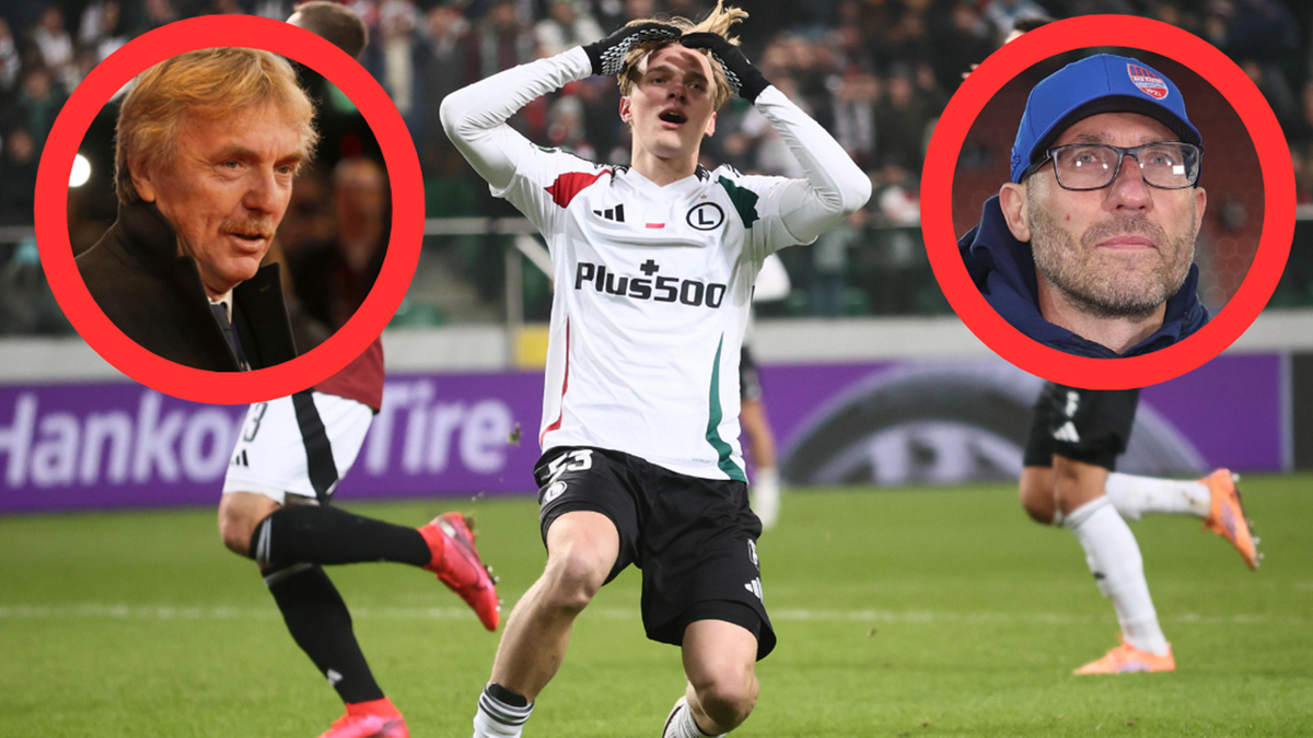 Zbigniew Boniek i potencjalny trener Legii Warszawa, obaj otoczeni czerwonymi okręgami, na tle boiska piłkarskiego.