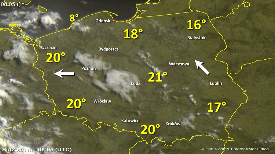 Zdjęcie satelitarne Polski w dniu 1 czerwca 2018 o godzinie 8:05. Dane: Sat24.com / Eumetsat.