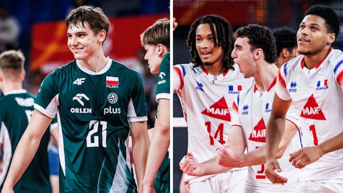 Siatkarz w zielonej koszulce z numerem 21 obok siatkarzy w białych koszulkach z flagą Francji.